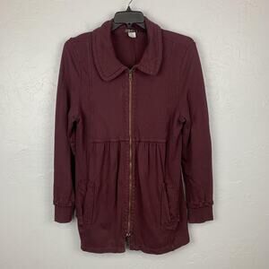 XCVI Jacket Womens XL Burgundy Zip Front Cotton Peplum Tunic Pockets Style 1934